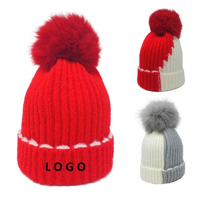 2 Color Gradient Knitted Beanie with Pom-pom