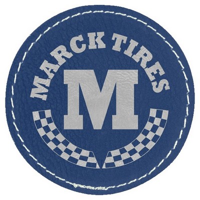 Round Engraved Patch with Adhesive, Blue Faux Leather, 2 1/2" diameter