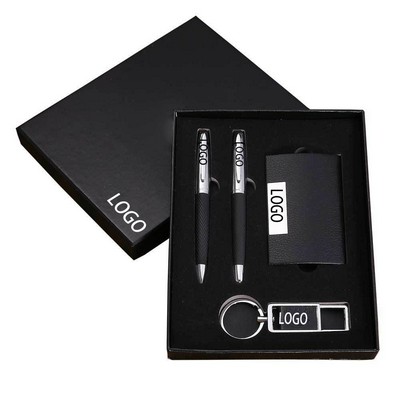 Luxury Office 4-Piece Gift Set, Business Card Holder, Two Pens and Keychain