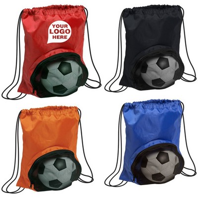 Drawstring backpack with mesh pouch for soccer ball