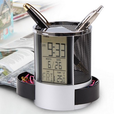 Customized Creative Electronic Pen Holder w/Clock