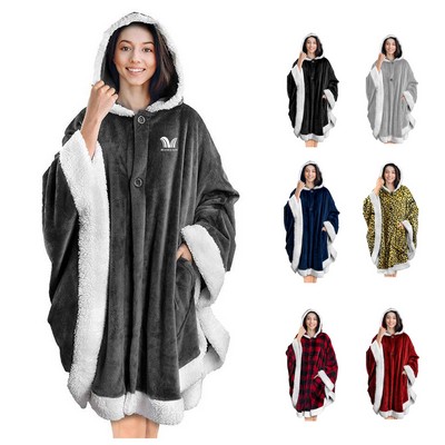 Poncho Hooded Blanket Wrap with Pockets Sherpa Fleece