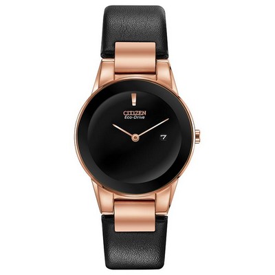 Citizen® Ladies' Eco-Drive Pink Gold-Tone Watch w/Black Leather Strap