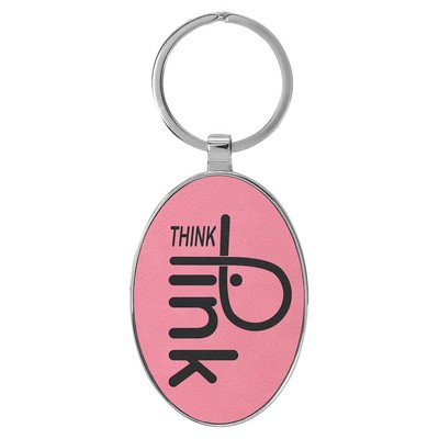 3" x 1 3/4" Laserable Leatherette/Metal Pink Oval Keychain