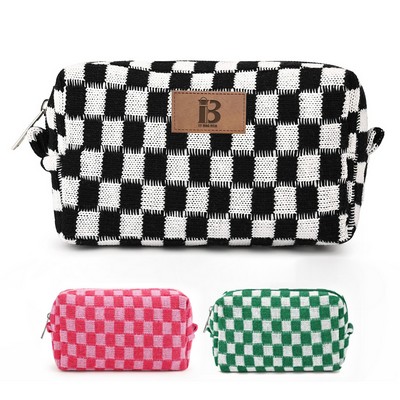 Wool Large Checkered Cosmetic Storage Bag with High Capacity