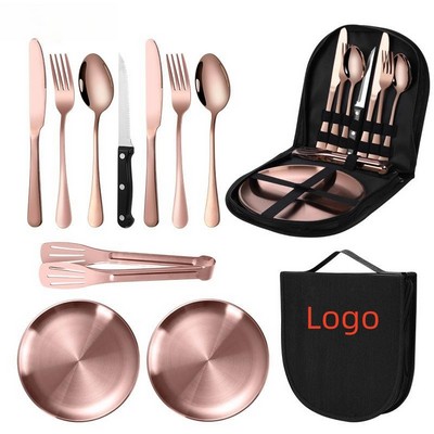 Rose Golden Ten-Piece Outdoor Stainless Steel Tableware Set Camping Utensils