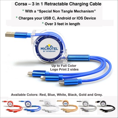 Corsa 3 in 1 Retractable Charging Cable - Blue