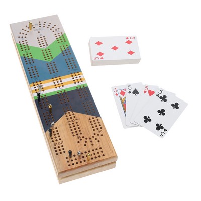 Wooden Cribbage Board Game Set, Continuous 3 Track, Nautical Print - Placid