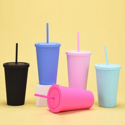 New Candy-color Double Plastic Straw 16OZ Drinking Cup