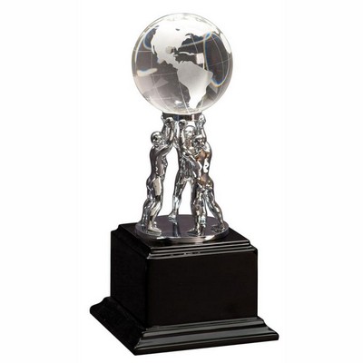 Crystal Globe on a Silver Metal Stand on a Black Piano Finish Base