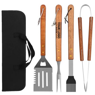 4-Piece Stainless Steel BBQ Tool Set with Wooden Handles for Grilling