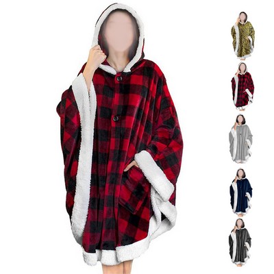 Wrap Blanket Fleece Hooded Poncho with Pockets