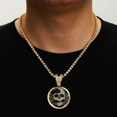 Gold Tennis Chain Gold Skull Pendant Necklace Diamond Studded Necklace