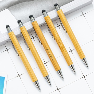 Bamboo Pens with Touch Stylus Tip Wooden Engraving Ballpoint Pen