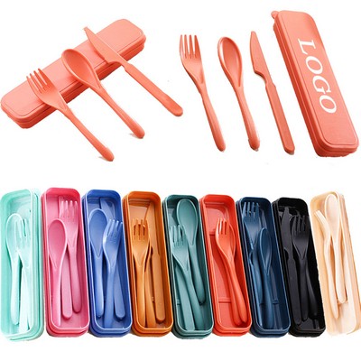 Eco-Friendly Wheat Straw Portable Reusable Travel Utensils Set w/Storage Case