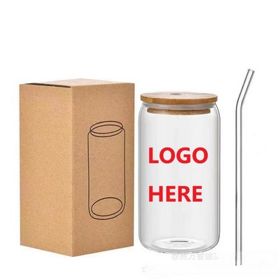 16OZ Glass Can Cups with Bamboo Lid And Glass Straw