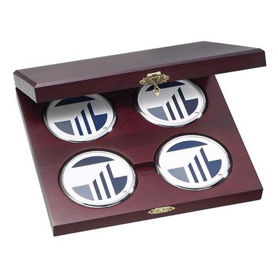 4 Round Solid Chrome Coasters w/Cherry Wood Presentation Case