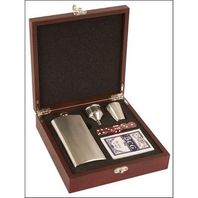 Flask Gift Set in Rosewood Case - Laser Engraved Flexibrass Plate