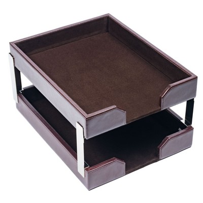 Bonded Leather Dark Brown Double Letter Tray w/Silver Post