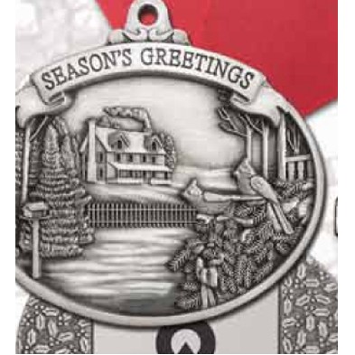 Full Size Stock Design Season's Greetings Outdoor Winter Scene Pewter Ornament