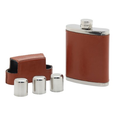 Flask 4 Piece Set in Brown Leather