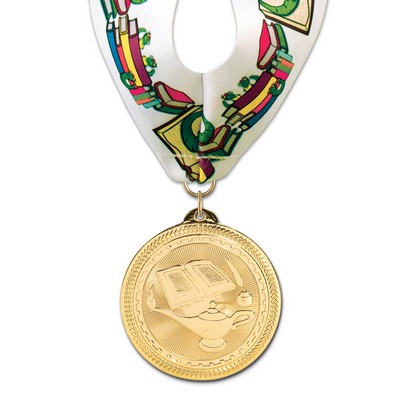 2" Lamp of Learning Brite Laser Medal w/ Stock Millennium Neck Ribbon