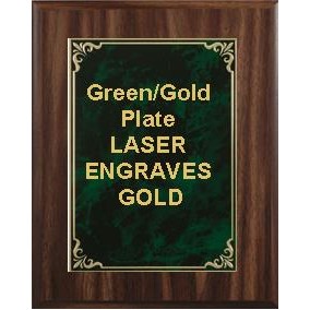 Classic Walnut Plaque 7" x 9" - Green/Gold - 5-1/8" x 7" Hi-Relief Plate