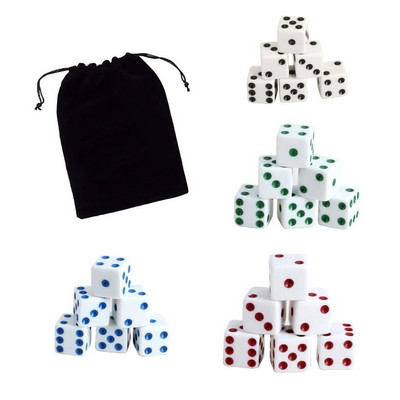 16MM White w/Color Pips Dice Sets (5 Dice in Velveteen Pouch)