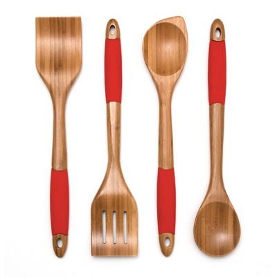 Bamboo Round Spoon w/ Red Silicone Handle