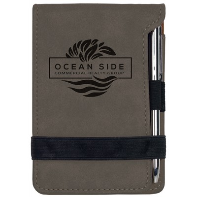 Notepad with Pen, Gray Faux Leather, 3 1/4" x 4 3/4"