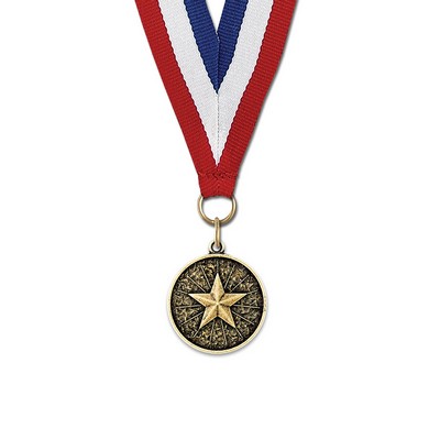 1 1/8" Star Cast CX Medal w/ Red/White/Blue or Year Grosgrain Neck Ribbon