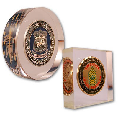 Die Struck Challenge Coins Embedded in Acrylic 2 3/8" round x 3/4"