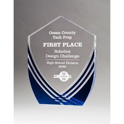 Shield Series Clear Acrylic Award w/ Polished Score Lines and Blue Metallic Accent (6 1/2 x 8 1/2)