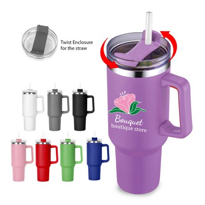 40 OZ. S/S Travel Handle Mug w/ Twist Closure Straw Lid