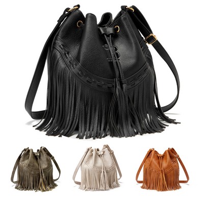 PU leather Drawstring Purse Tassel Crossbody Shoulder Bag