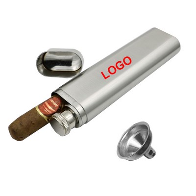 7''x1.7''x1'' Portable Stainless Steel Cigar Tube Holder/Case w/2 Oz. Hip Flask & Funnel (Low MOQ)