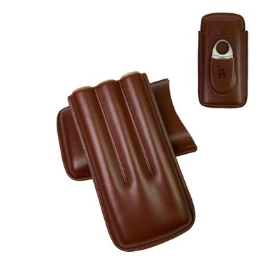 3-Finger Brown Portable Leather Cigar Case with Cigar Cutter