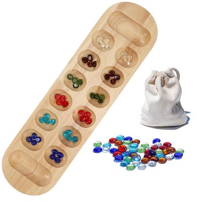 Mancala Board Game - 22 in., Solid Natural Wood Board and Glass Stones