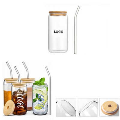 16Oz Pint Glass With Glass Straw & Bamboo Lid