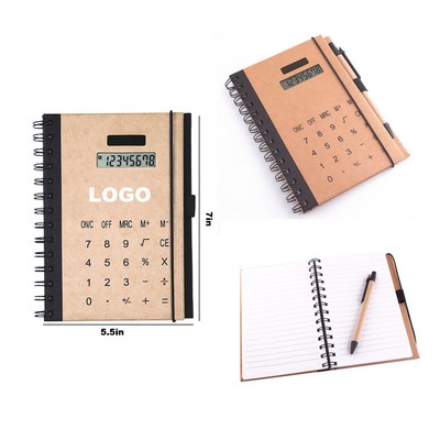 Kraft Cover Spiral Notebook With Calculator And Pen