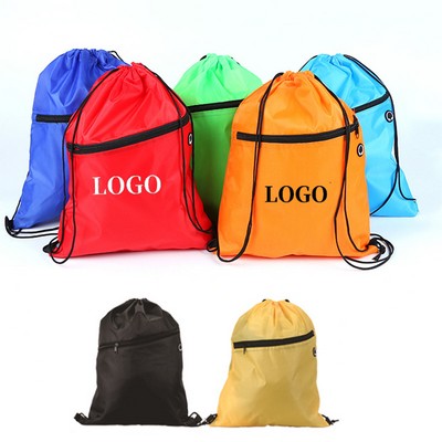 210d Drawstring Backpack with Front Zipper Pocket