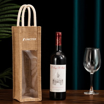 Reusable Jute Burlap Single Bottle Wine Gift Tote Bags w/ Window