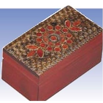 Traditional Wood Box w/Red Flower Pattern (4 1/2"x2 1/4"x2")