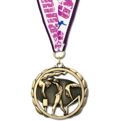 2 3/8" Female Gymnastics ES Medal w/ Grosgrain Neck Ribbon