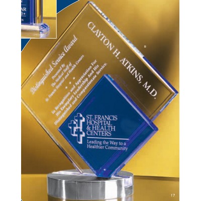 Dual Level Blue/ Clear Crystal Award w/ Aluminum Base (8")