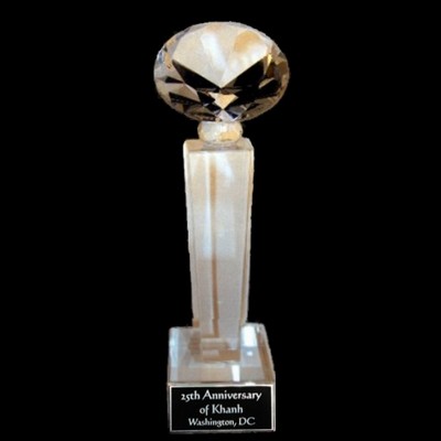 Crystal Engraved Award - 8" medium - Tower with Diamond