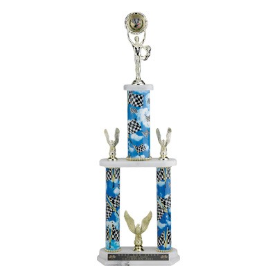 31½" Three Column Racing Trophy w/Figure & 2" Insert