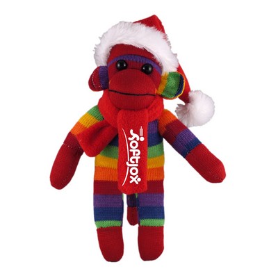 Rainbow Sock Monkey (Plush) with Christmas Hat and Scarf