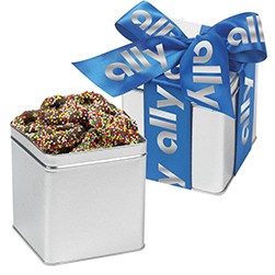 Classic Present Tin w/ Chocolate Covered Sprinkled Pretzels