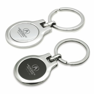 Stylish keychain in polished chrome finish, with mirror-like middle insert